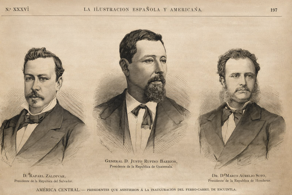 Presidentes que asistieron á la inauguración del ferrocarril de Escuintla. 